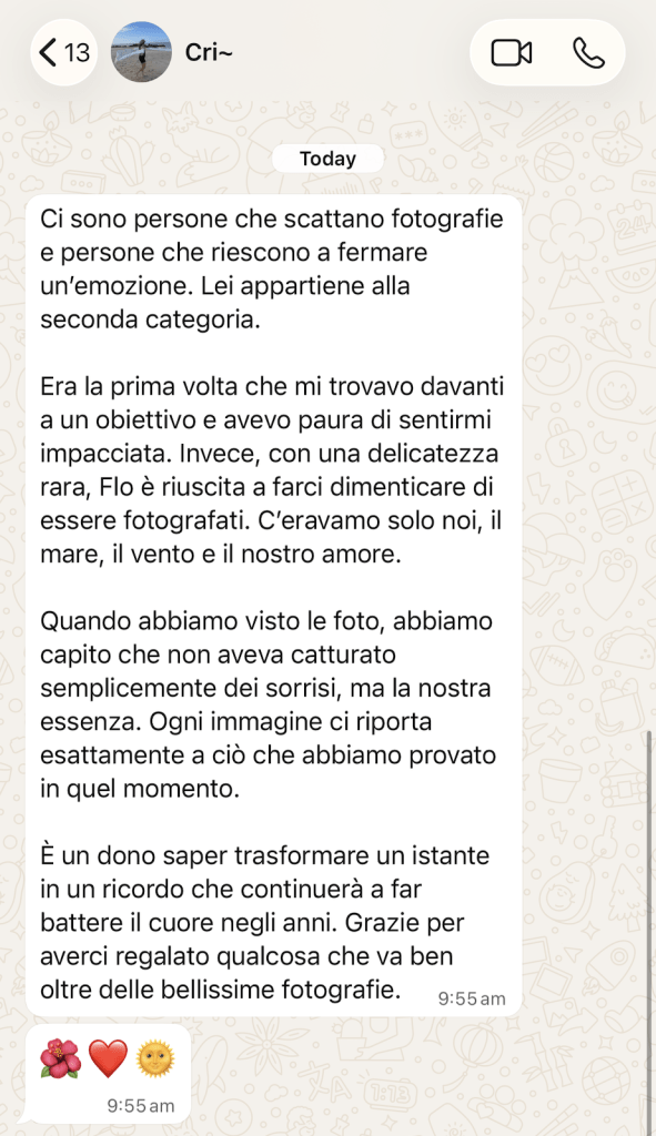 WhatsApp message from Cristina describing her experience during our photo session.